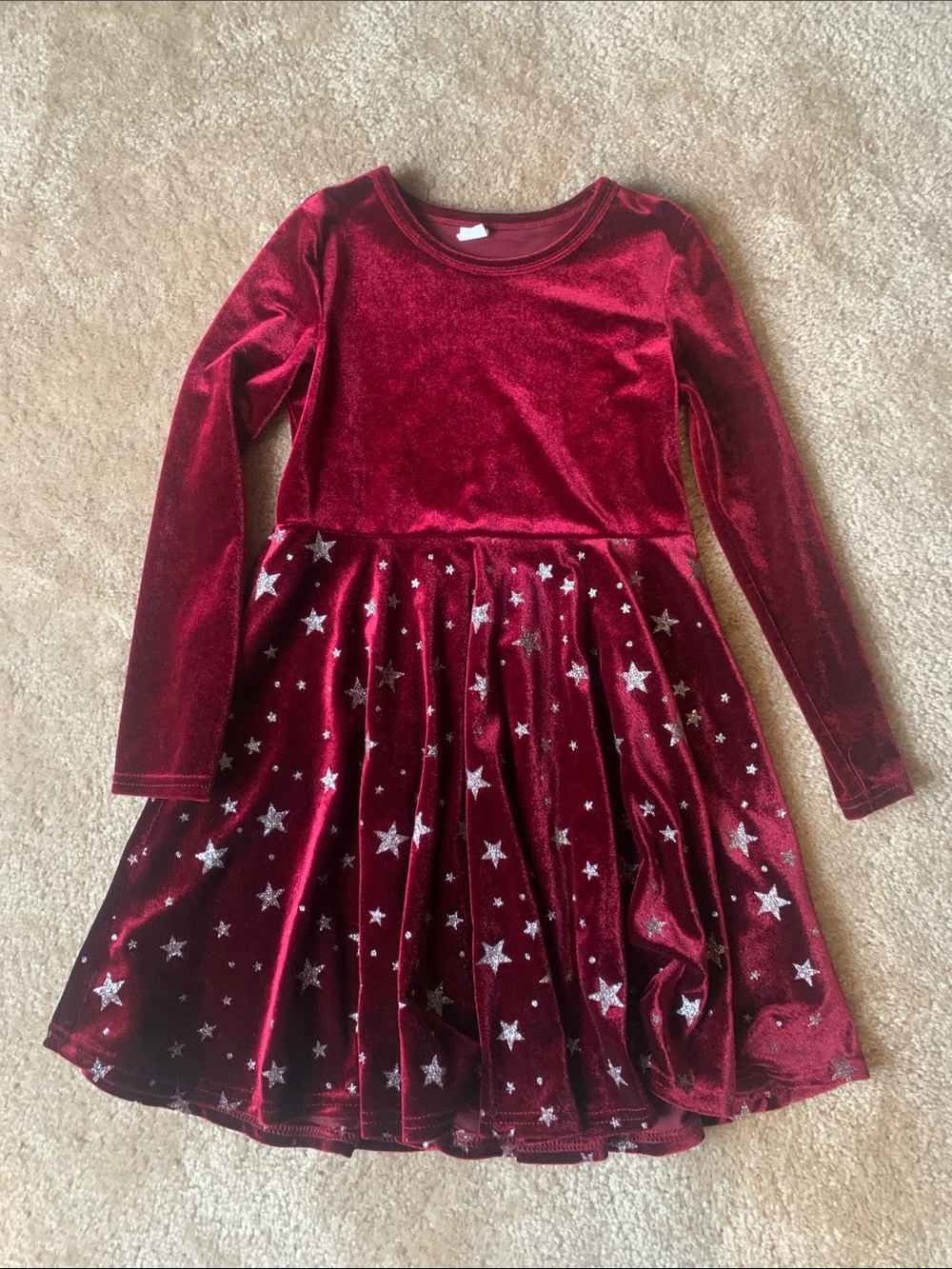 Wine Red Velour Dress with Sparkly Silver Stars on Skirt - Long-Sleeve Size 7